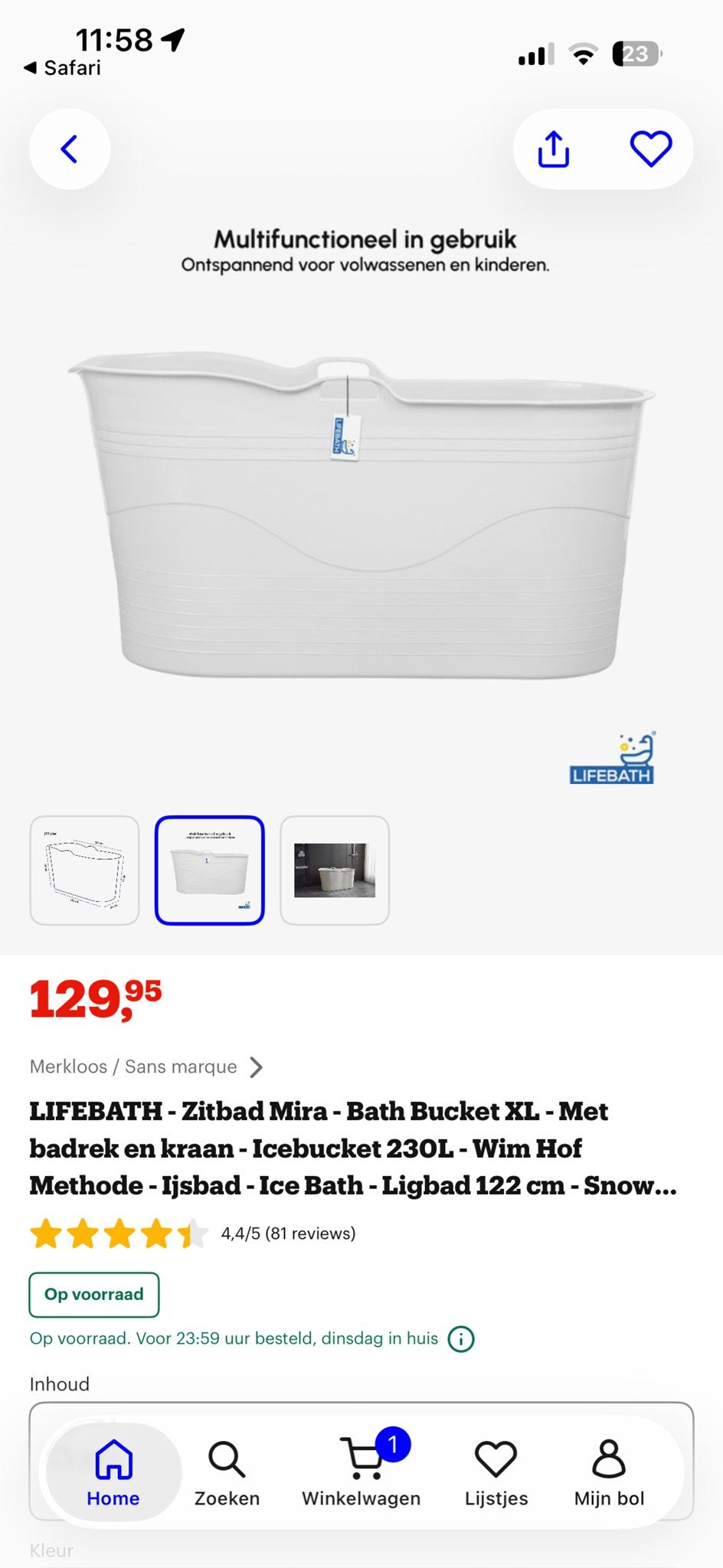 LIFEBATH Zitbad Mira XL met extra's, zo goed als nieuw, Huis en Inrichting, Badkamer | Badkamermeubels, Ophalen, 100 tot 150 cm