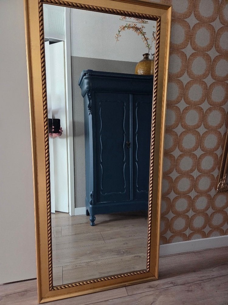 Vintage spiegel - gouden lijst - facet glas - massief hout, Ophalen, Zo goed als nieuw, 75 tot 100 cm, 150 tot 200 cm