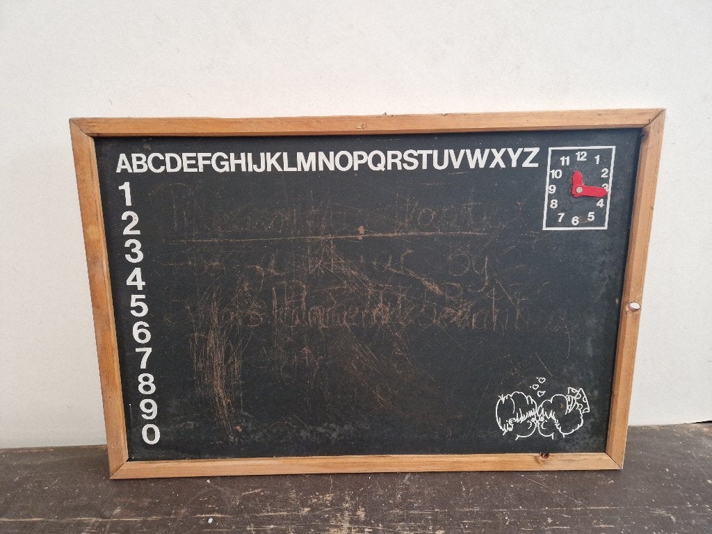 Vintage krijtbord met abc, cijfers en klok, Antiek en Kunst, Ophalen of Verzenden