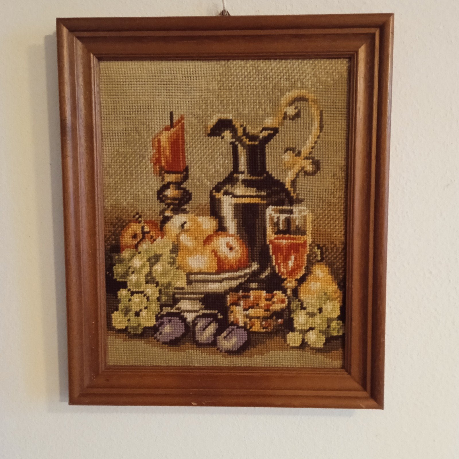 Vintage Borduurwerk Stilleven met Fruit en Wijn, Minder dan 50 cm, Gebruikt, Overige typen, Ophalen of Verzenden