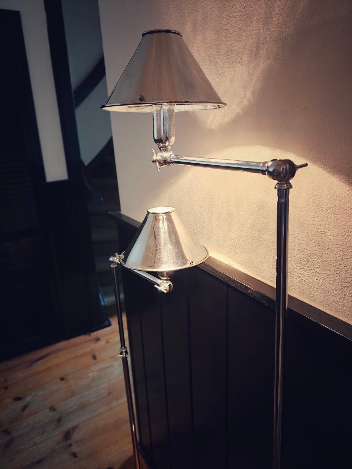 Ralph Lauren Chrome Anette swing vloerlamp set, Gebruikt, Overige fittingen, Ophalen of Verzenden, Modern, Luxe
