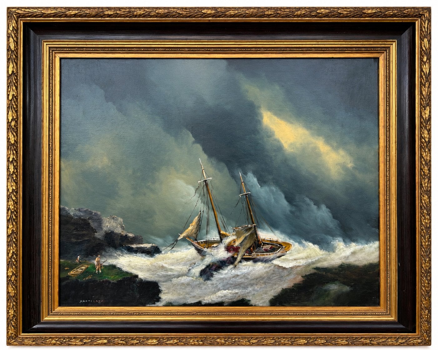 Dramatisch Schilderij: Schip in Storm op Zee, Antiek en Kunst, Maritiem / water, Doek, Ophalen of Verzenden, Olieverf