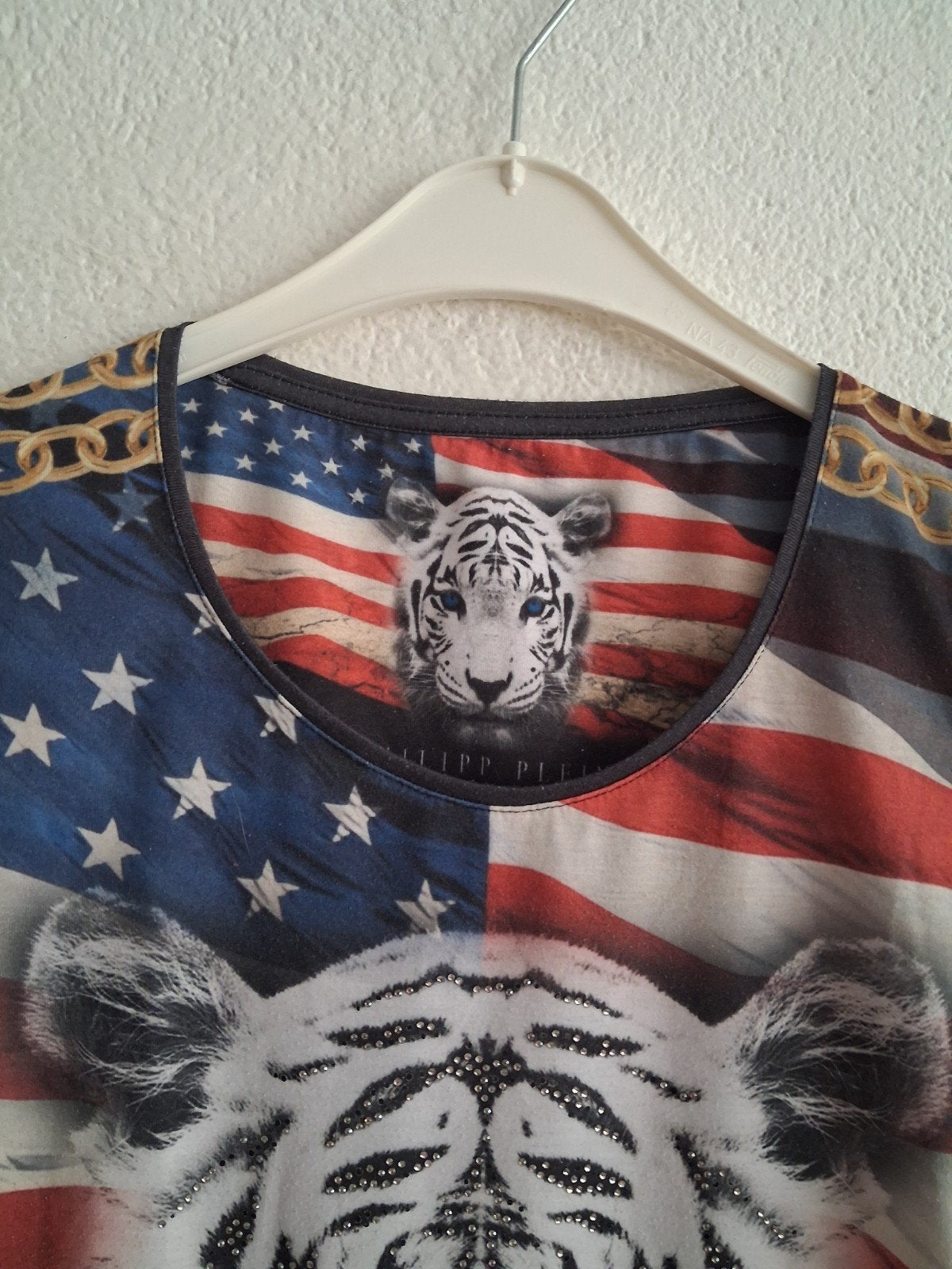 Philipp Plein T-shirt met Tijgerprint en Amerikaanse Vlag, Blauw, Ophalen of Verzenden, Korte mouw, Maat 36 (S)