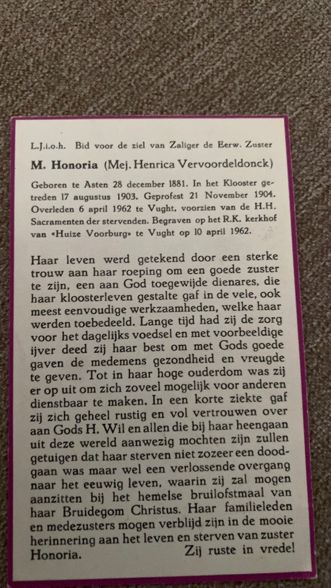 Zr Vervoordeldonck 1881 Asten 1962 Vught Voorburg, Ophalen of Verzenden