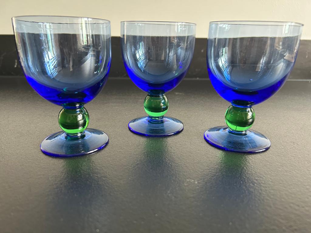 Vintage mondgeblazen wijnglazen - Kobaltblauw & Groen, Antiek en Kunst, Antiek | Glas en Kristal, Ophalen of Verzenden