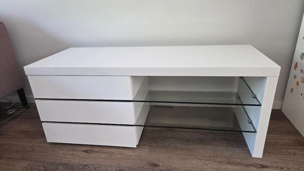 Wit tvmeubel 110b * 42d * 44h, Huis en Inrichting, Kasten | Televisiemeubels, Ophalen, 100 tot 150 cm, Glas, Zo goed als nieuw