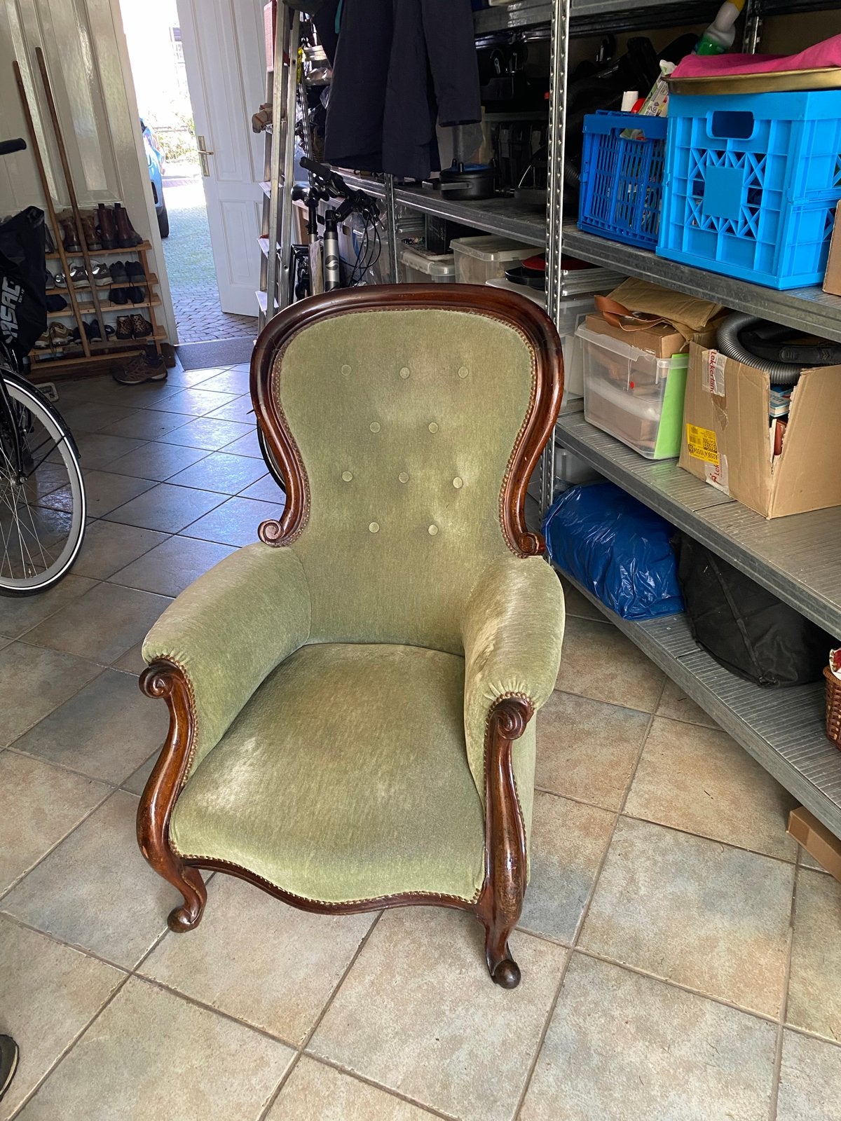 Antieke fauteuil - Groen fluweel met houten frame, Ophalen of Verzenden