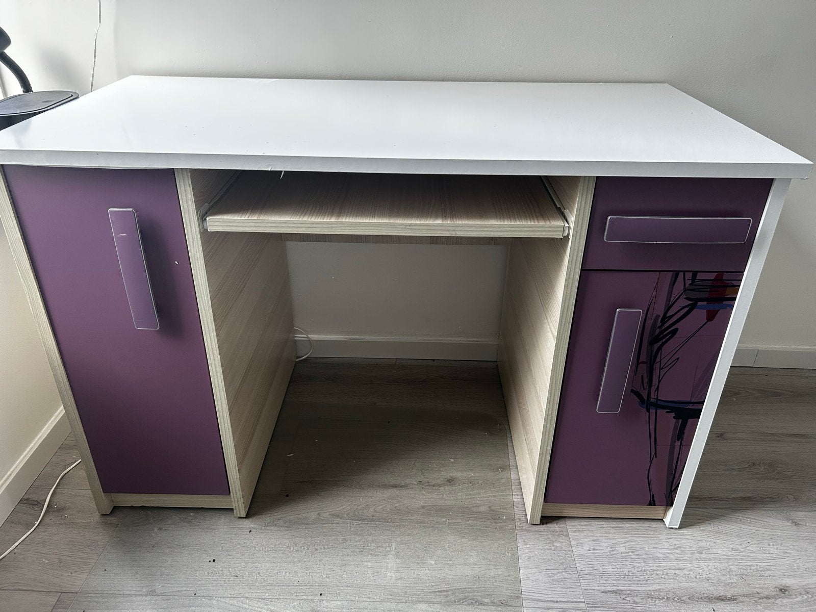 Bureau en kast combinatie - paars / beuken, Opbergruimte, Gebruikt, Spaanplaat of MDF, Ophalen of Verzenden