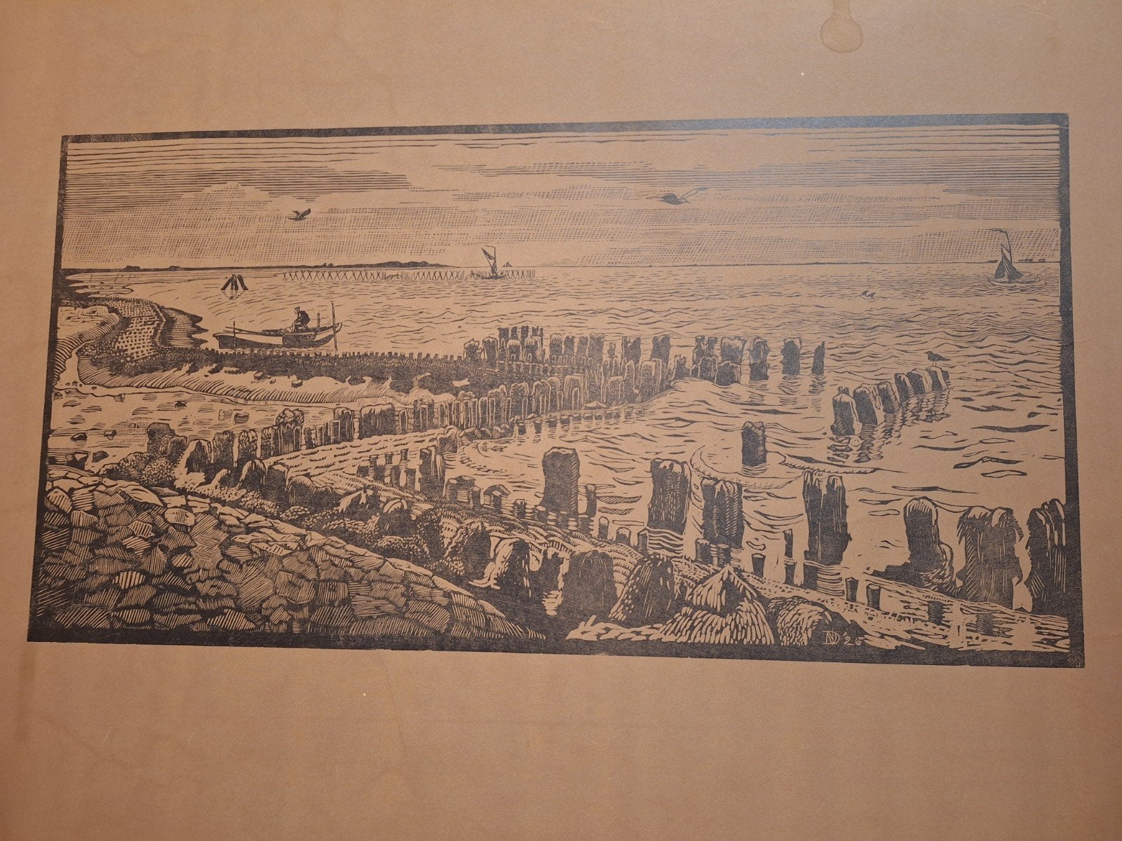 Grote Houtsnede Dirk Nijland 1925 - Gesigneerd, Verzenden, Houtsnede, 1900 - 1949, Landschap