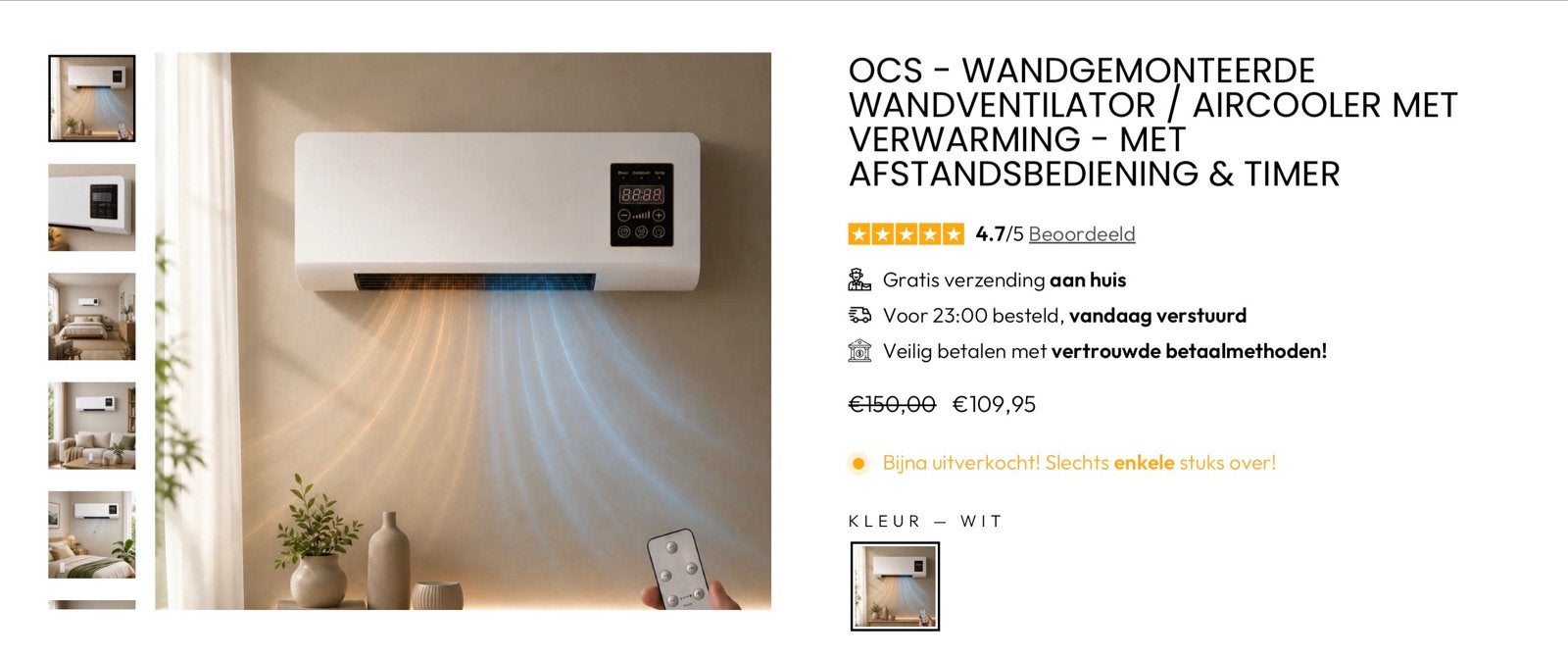 Laatste! Wandgemonteerde Ventilator/Aircooler met Verwarming, Witgoed en Apparatuur, Verzenden, Minder dan 60 m³, Nieuw, 3 snelheden of meer