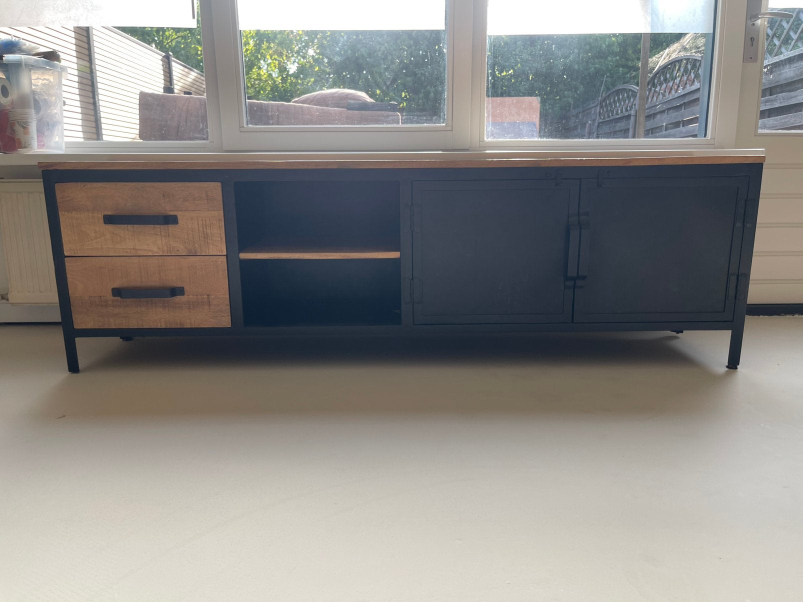 Tv Meubel Mango hout - 2 deurs en 2 lades - 190 cm, 150 tot 200 cm, Zo goed als nieuw, Minder dan 100 cm, Industrieel