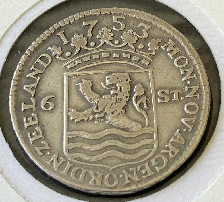 Zilveren Scheepjesschelling 6 stuivers prov Zeeland 1753, Vóór koninkrijk, Zilver, Losse munt, Overige waardes