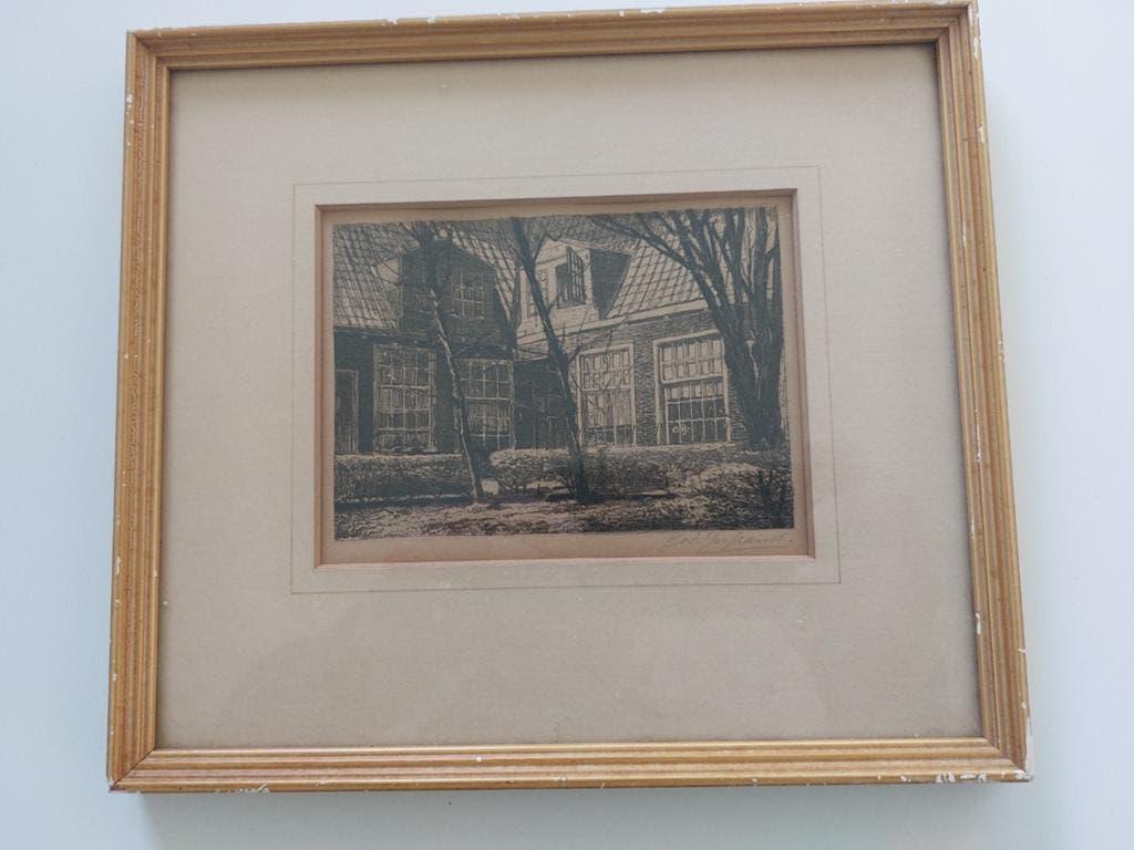 Johannes Josseaud ets Claes Reiniershofje Amsterdam jordaan, Antiek en Kunst, 10 cm, Ets, Stadsgezicht, Ophalen of Verzenden