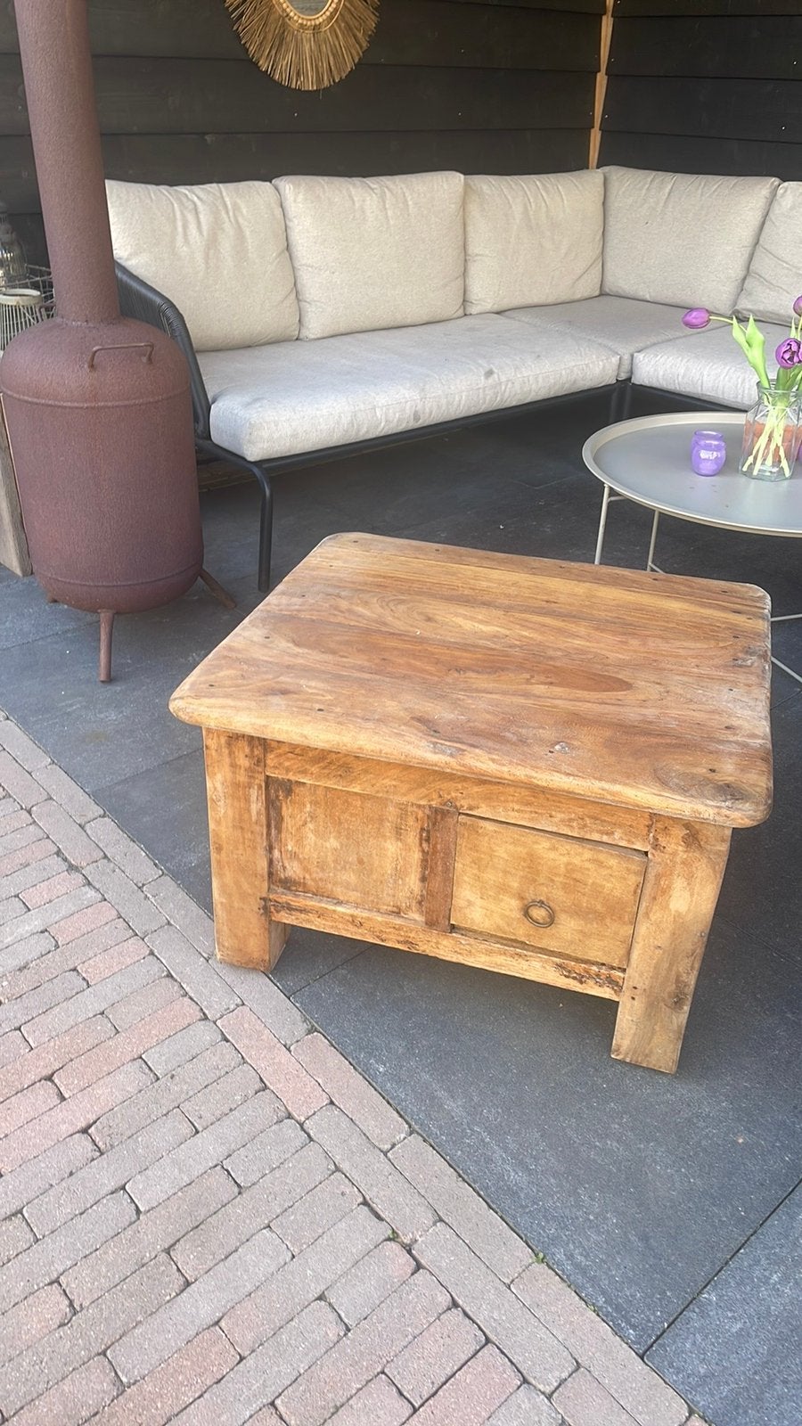 Prachtige teakhouten salontafel, Huis en Inrichting, Tafels | Salontafels, Ophalen, Gebruikt, Vierkant, 50 tot 100 cm