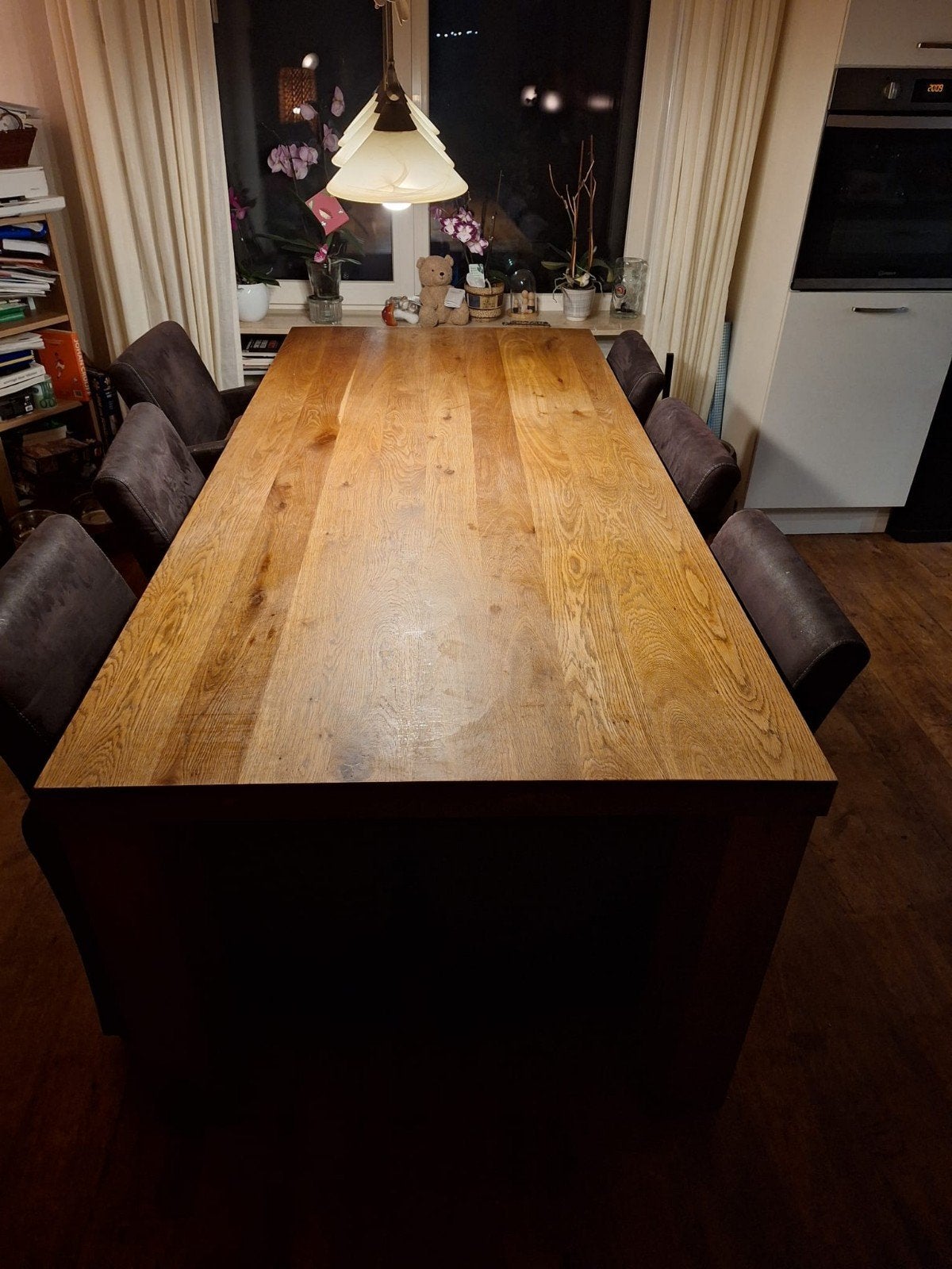 Teakhouten grenen eettafel met 6 stoelen, Ophalen, Gebruikt, Teakhout, 200 cm of meer
