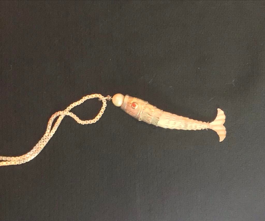 Vintage zilveren ketting met flexibele vis hanger, Sieraden, Tassen en Uiterlijk, Antieke sieraden, Ophalen of Verzenden, Zilver