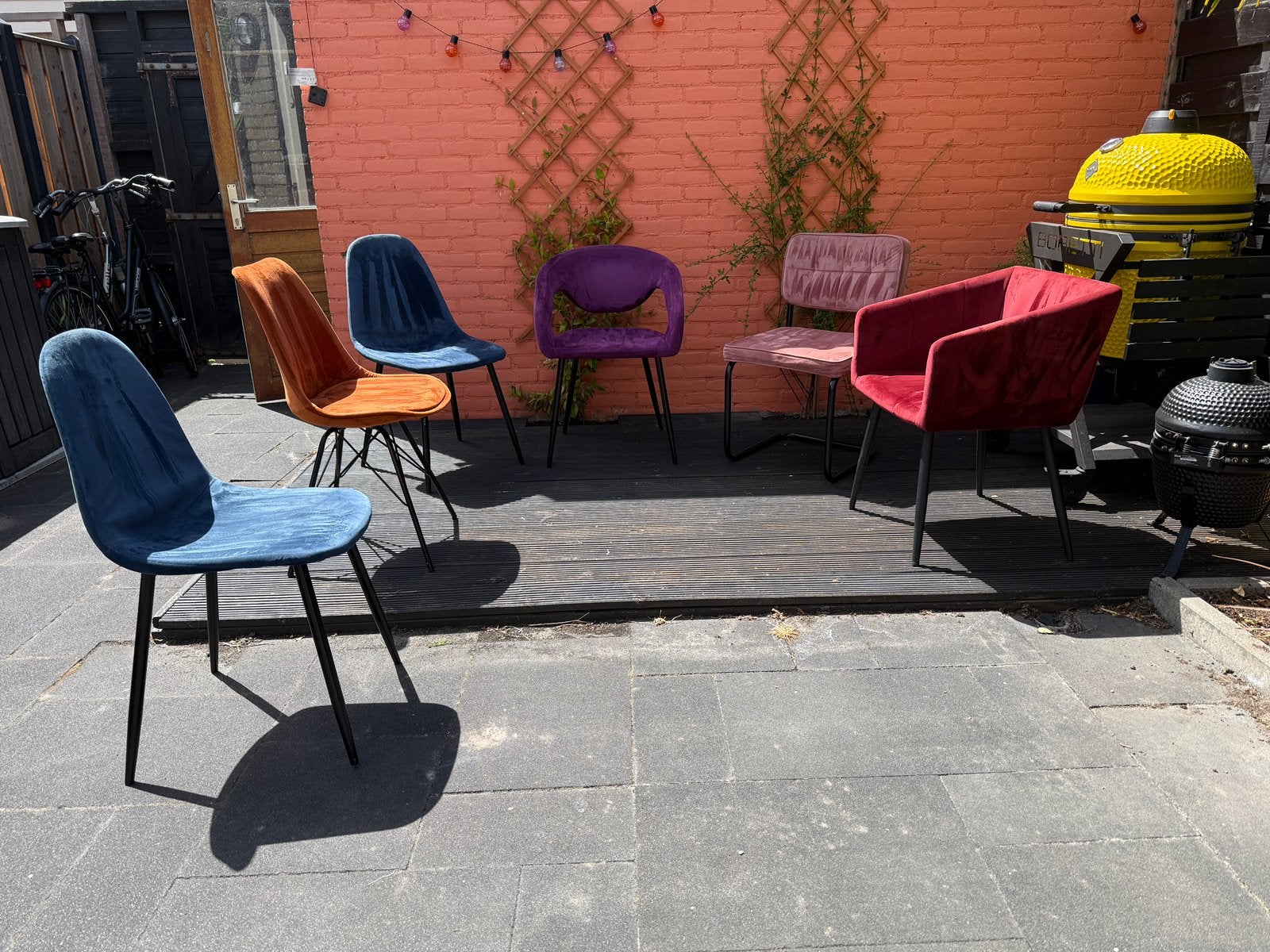 Bonte verzameling van 6 velvet stoelen, Huis en Inrichting, Stoelen, Ophalen, Gebruikt, Overige kleuren, Velvet