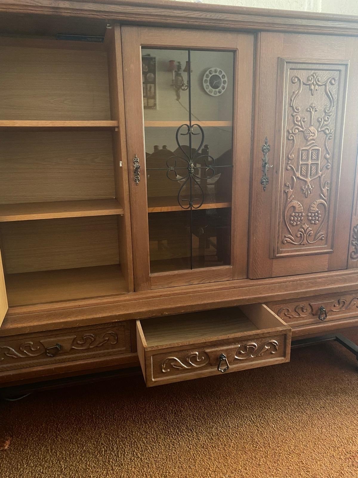 Massief eiken dressoir met vitrinekast en lades, Antiek en Kunst, Ophalen