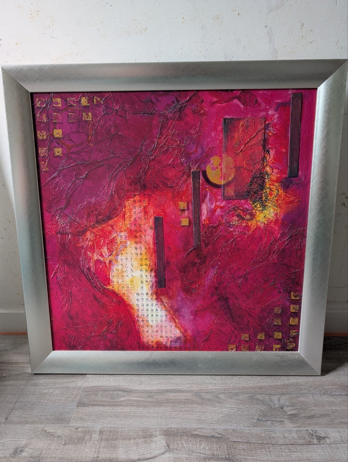 Abstract Schilderij Roze met Oosterse Tekens 79,5x79,5cm, Ophalen
