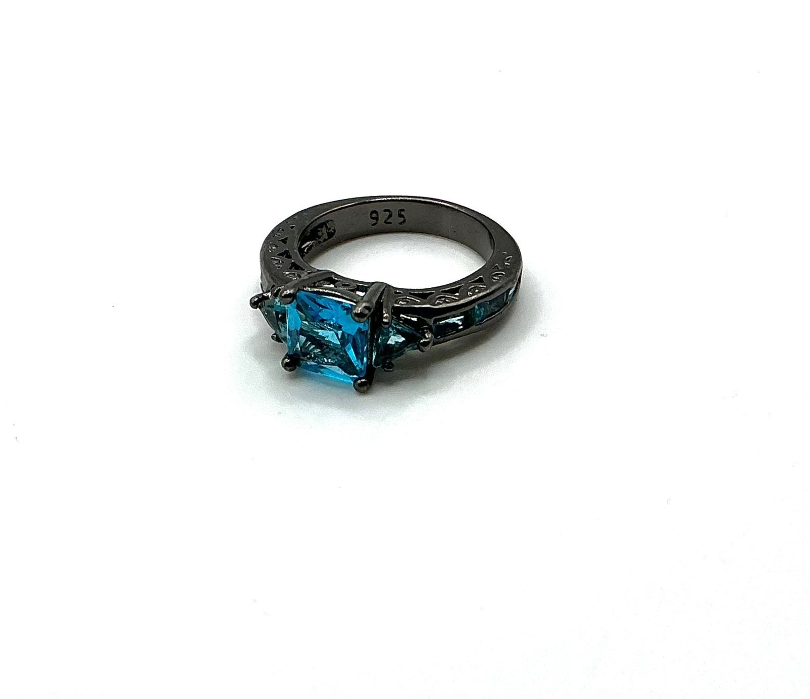 Vintage ring 925 zilver zwart met blauwe stenen uitgewerkt, Verzenden, Zilver, Ring