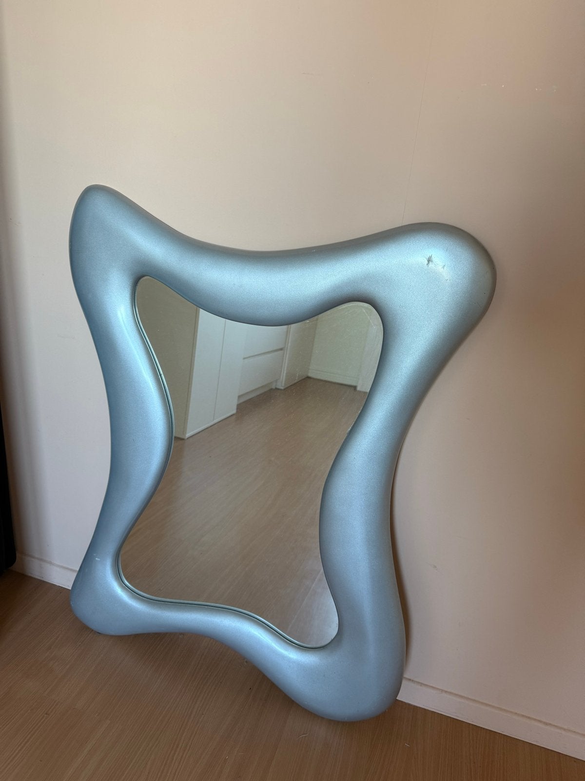 Vintage retro space age funky spiegel zilver eclectisch, Ophalen, Gebruikt, 100 tot 150 cm, Overige vormen