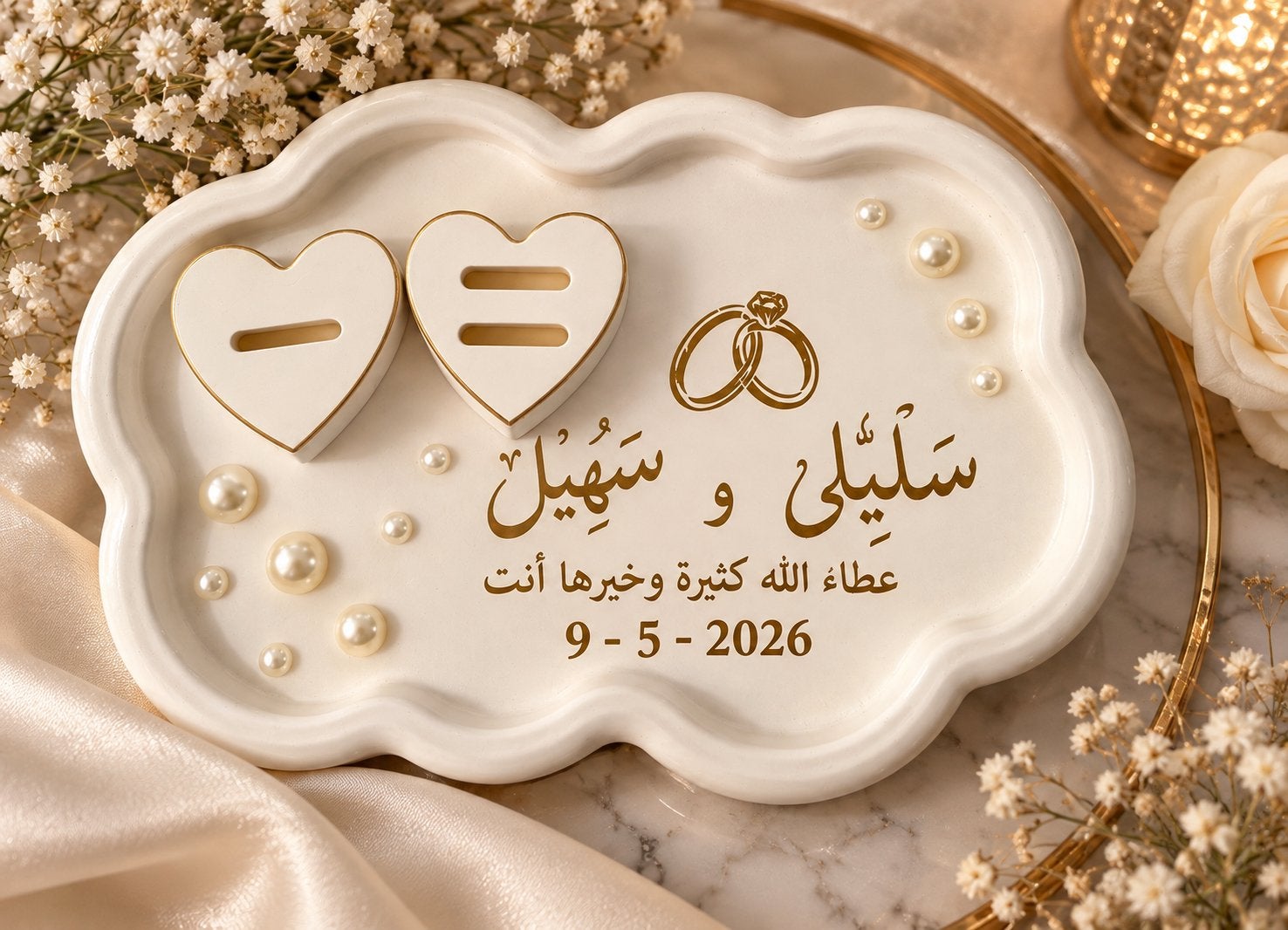 Decoratieve schaal met Arabische kalligrafie en parels, Ophalen of Verzenden, Nieuw, Wit, Oosters