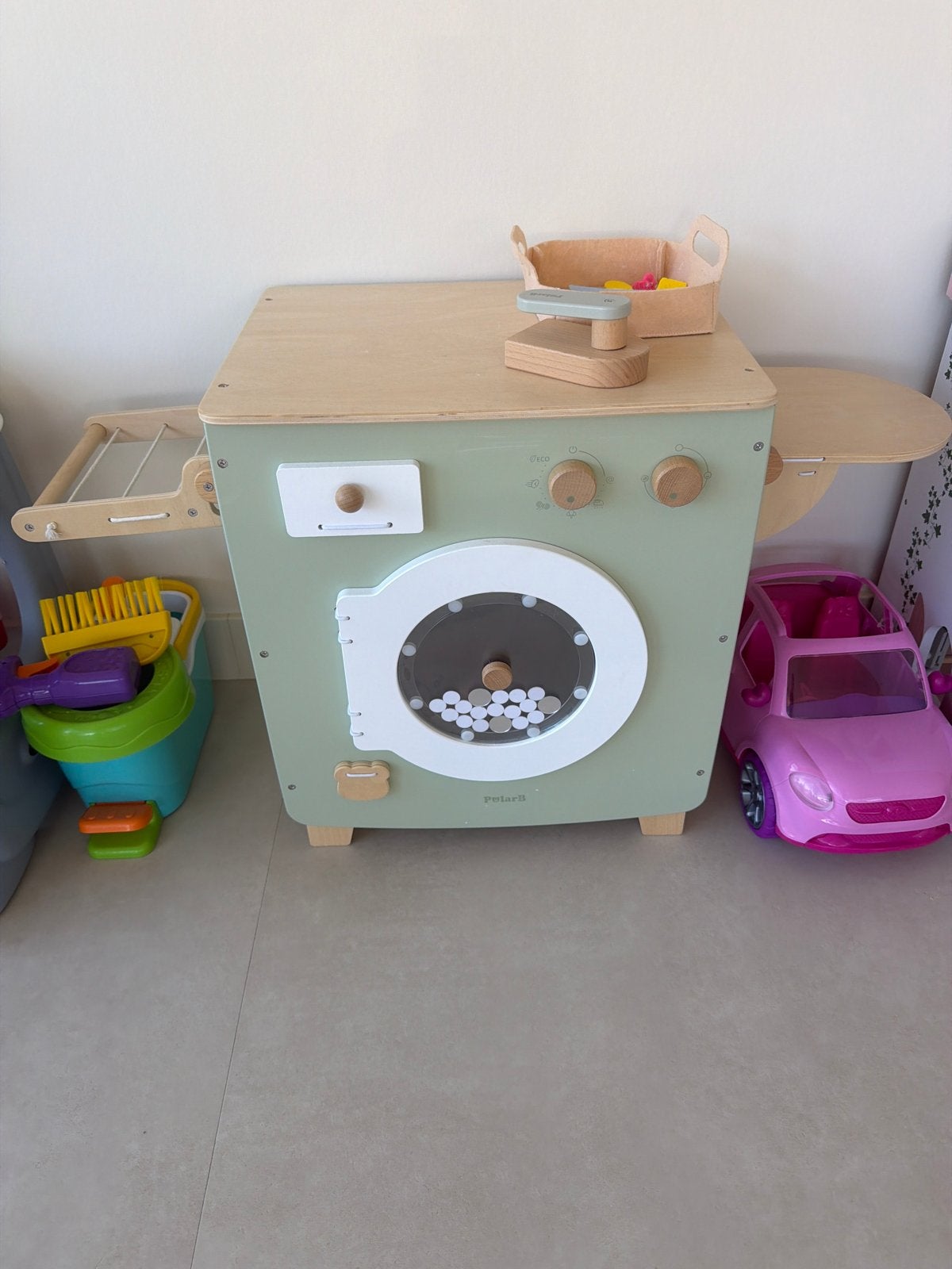 Houten speelgoed wasmachine met strijkplank en droogrek, Ophalen, Zo goed als nieuw, Knutselen