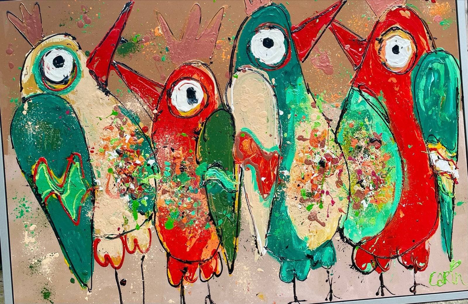Vrolijke Vogels - Kleurrijk Abstract Schilderij, Ophalen