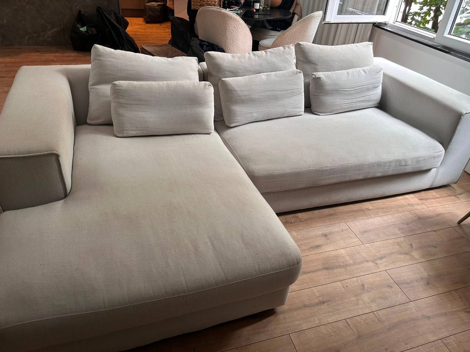 Comfortabele Hoekbank - beige  Stof, Ophalen, 250 tot 300 cm, Gebruikt, 100 tot 125 cm