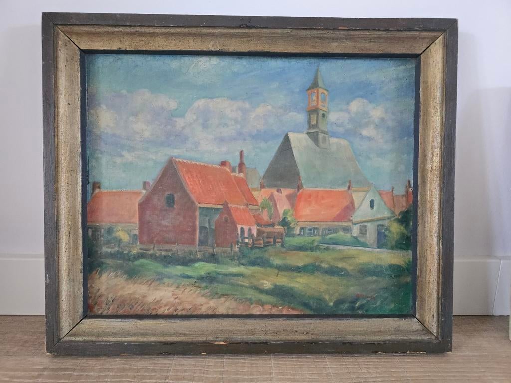 Vintage antiek schilderij met lijst Kouderkerke - A. Rottier, Ophalen of Verzenden