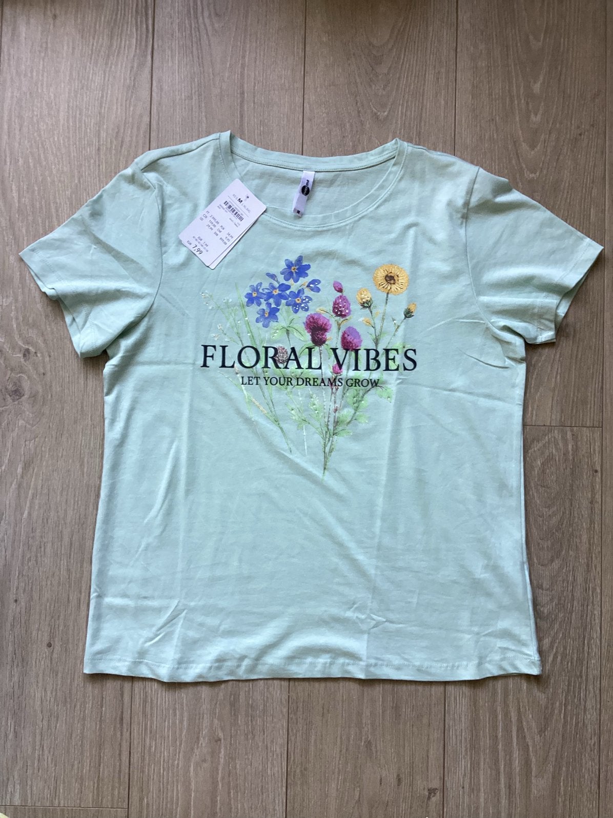 Nieuw Takko t-shirt mintgroen met Floral Vibes bloemen M, Maat 38/40 (M), Nieuw, Ophalen of Verzenden, Korte mouw