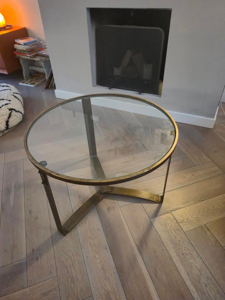 Ronde glazen salontafel goud/messing - Ø 65cm, Huis en Inrichting, Tafels | Salontafels, Ophalen, 50 tot 100 cm, Rond, 50 tot 100 cm