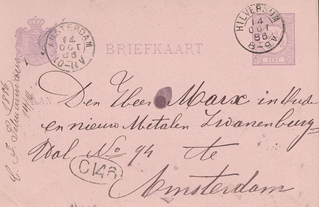 HILVERSUM 1886 afz SCHUURMANS bestelt 5 bladen rood koper, Ophalen of Verzenden, Voor 1920, Gelopen, Noord-Holland
