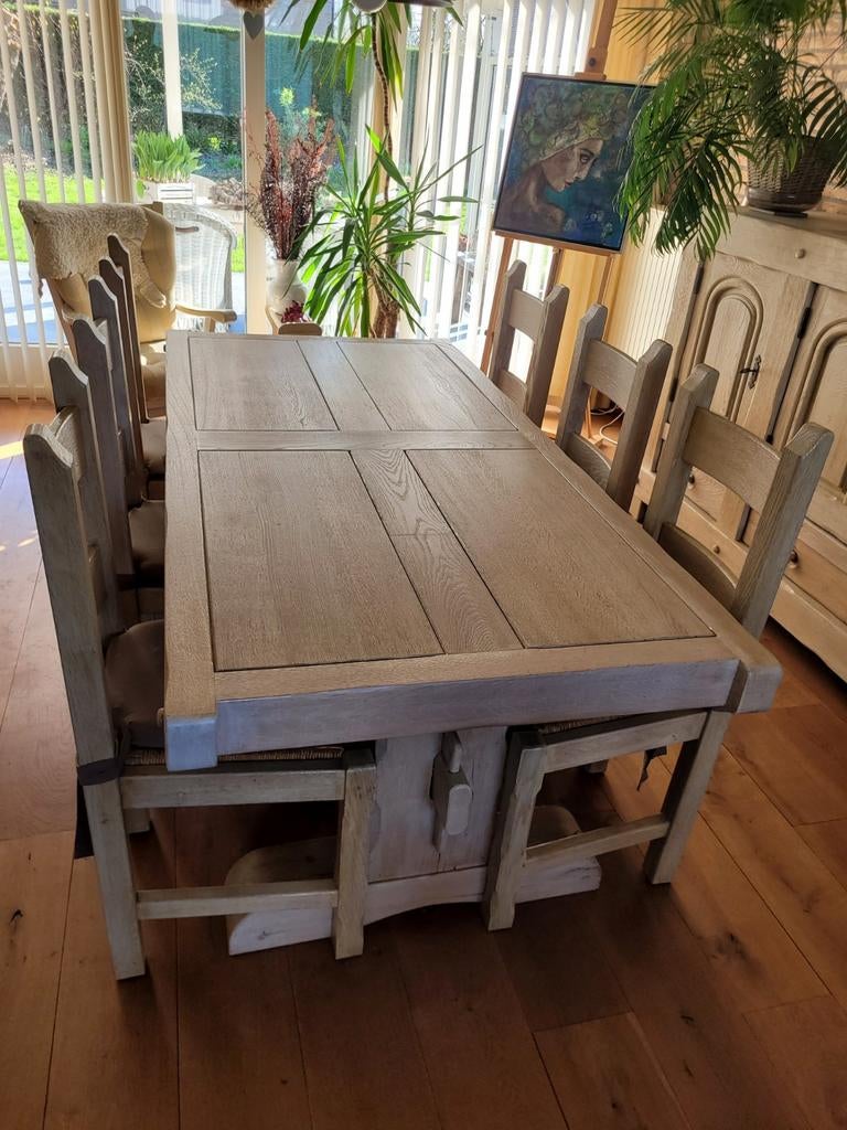 Eiken eettafel white wash met 6 stoelen rieten zitting, Ophalen, Gebruikt, 100 tot 150 cm, Eikenhout