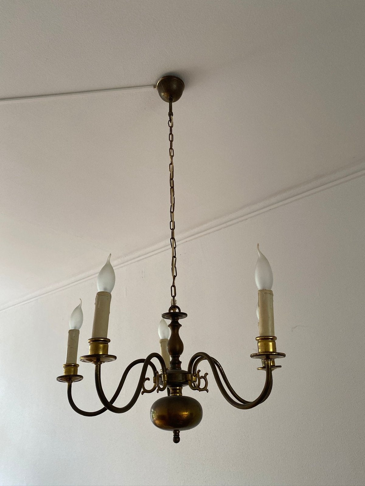 Klassieke/vintage koperen kroonluchter met 5 lichtpunten, Ophalen, Gebruikt