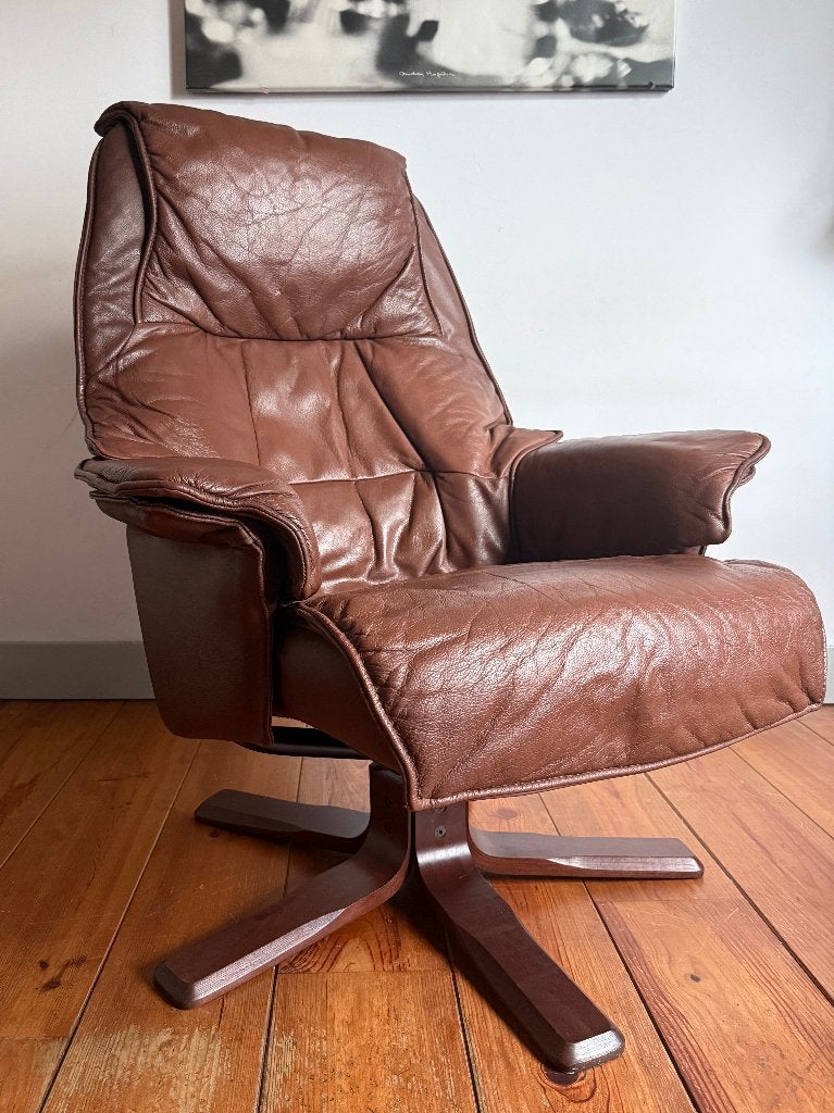 Fraaie vintage leren Deense Hjort Knudsen recliner fauteuil, Huis en Inrichting, Ophalen, Gebruikt, 50 tot 75 cm, Leer