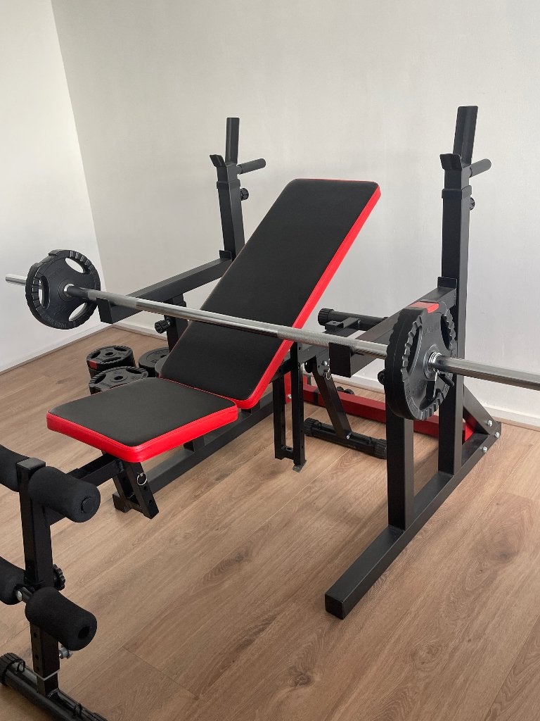 Halterbank + Squat Rack + Halterstang + 55kg Gewichten, Ophalen, Gebruikt, Krachtstation, Benen
