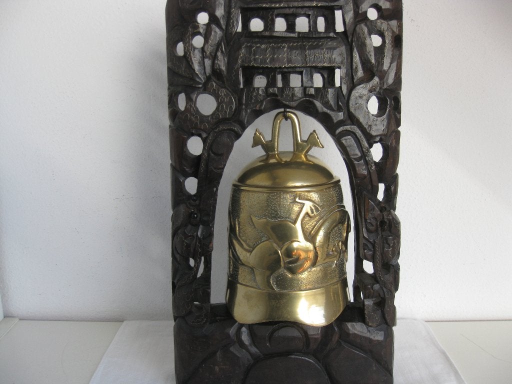 Bronzen gong in zwart ebbenhouten  montuur .Decoratief, Ophalen of Verzenden
