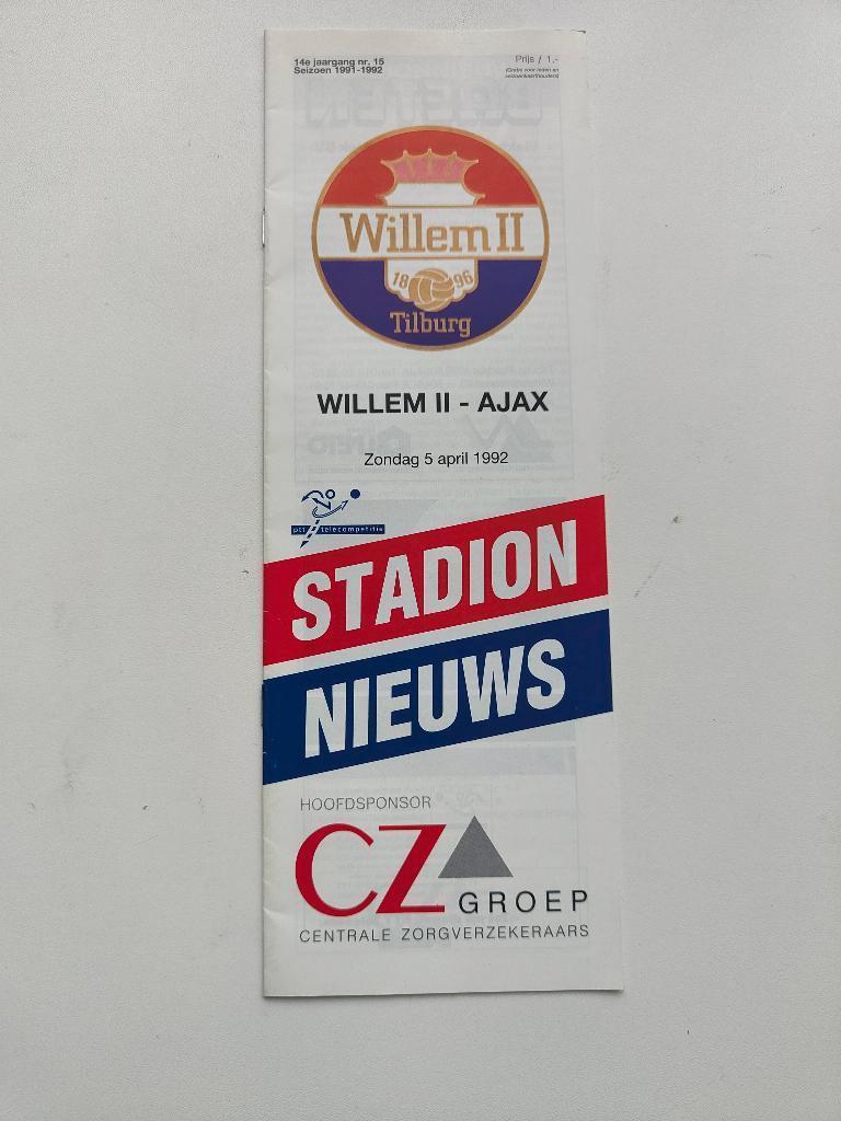 Willem II - AJAX Officieel programma 5-4-1992, Verzenden, Zo goed als nieuw, Ajax, Overige typen