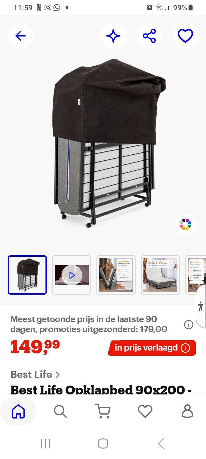 Opvouwbed 90x200 met dekbed en hoes en onderlaken., Ophalen, 90 cm, Eenpersoons, Zo goed als nieuw