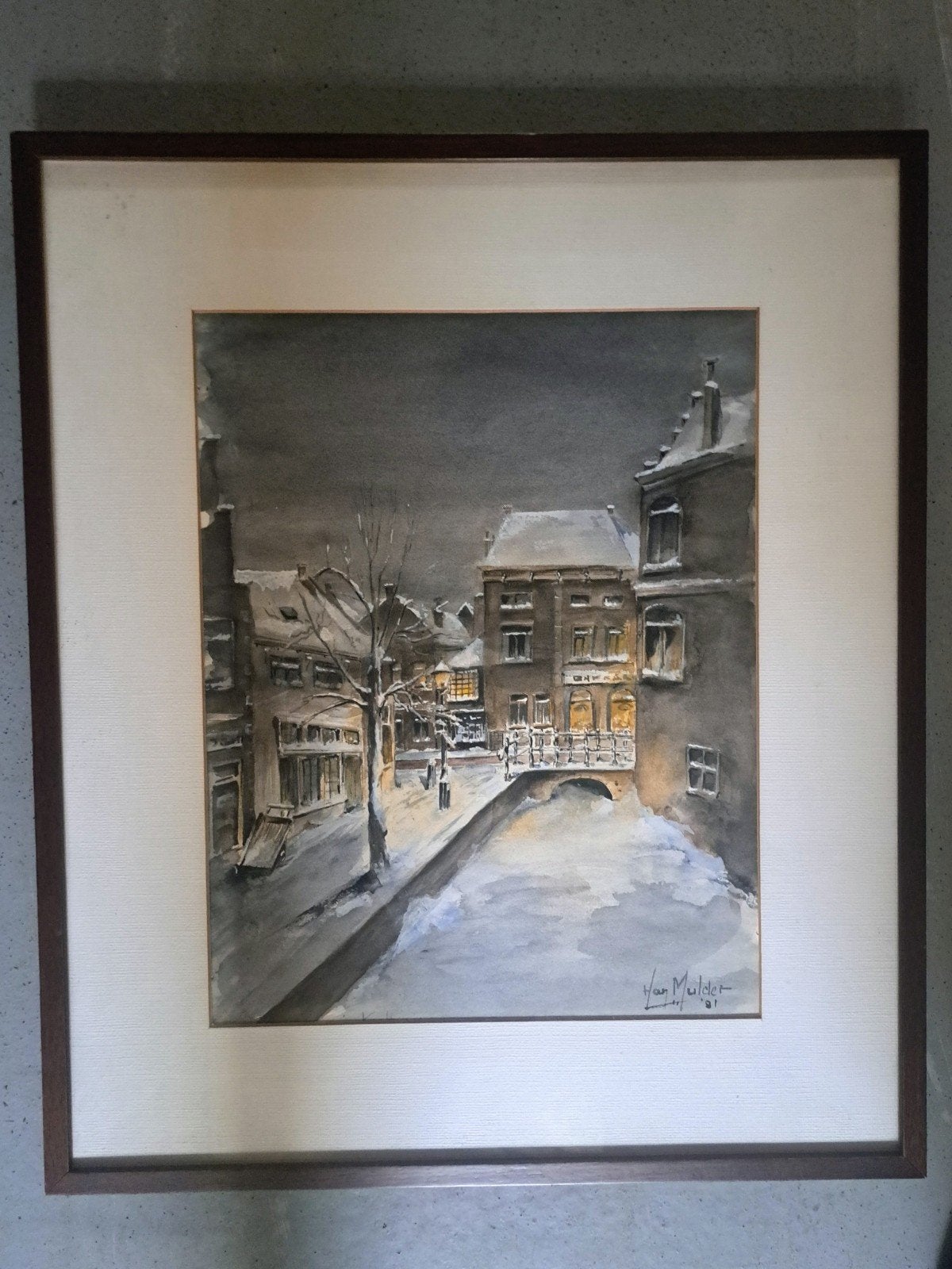 Sfeervolle aquarel van Han Mulder: besneeuwd stadsgezicht, Antiek en Kunst, Kunst | Schilderijen | Klassiek, Realistisch, Ophalen of Verzenden