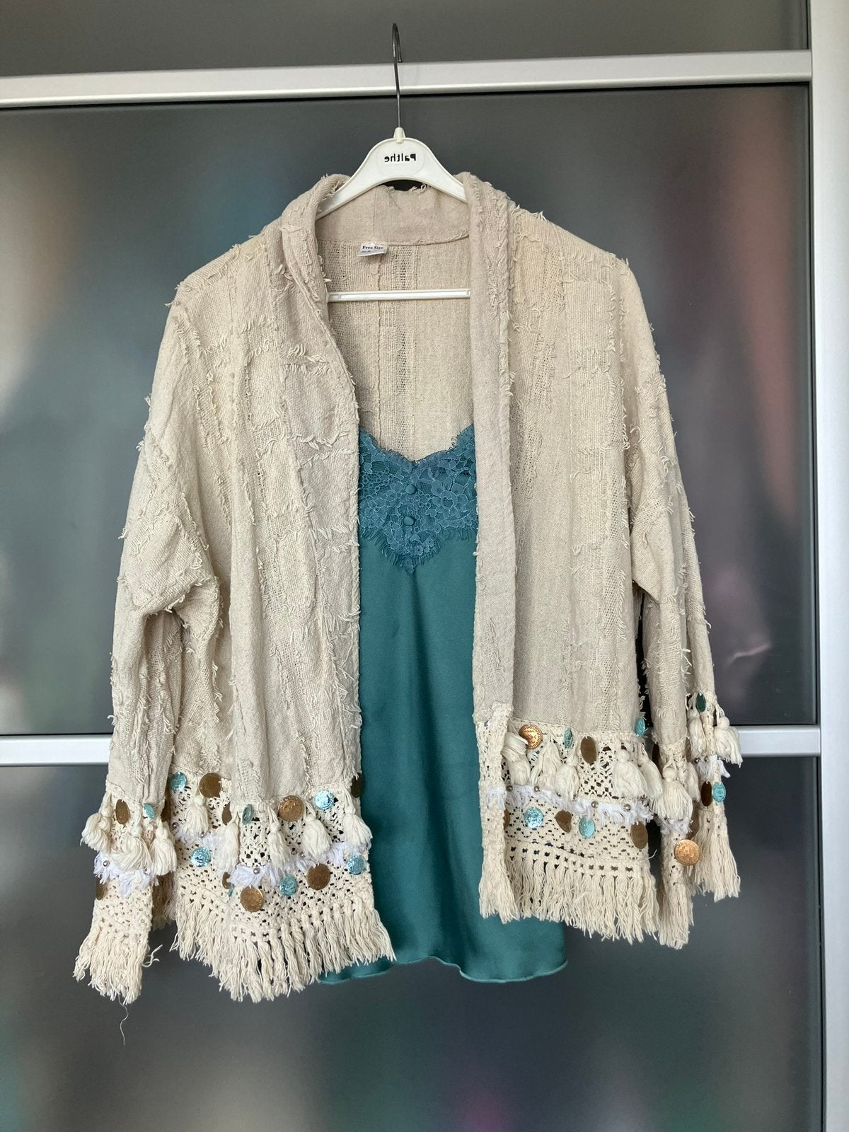 Ibiza Cardigan Boho Crochet Style with Fringes and Coins, Verzenden, Zo goed als nieuw, Beige