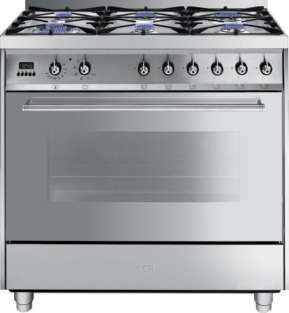 SMEG fornuis RVS | 6 pits | 90 cm | inclusief kippenspit, Ophalen, 60 cm of meer, Grill, Zo goed als nieuw