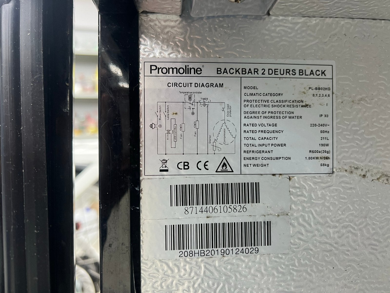 Promoline BACKBAR 2 DEURS BLACK Koelkast 211L, Ophalen, Minder dan 85 cm, 200 liter of meer, 60 cm of meer