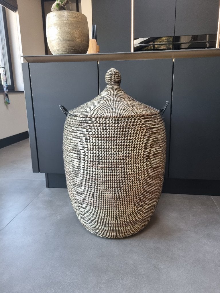 Afrikaanse zwarte wasmand opbergmand handgemaakt fairtrade, Mand, Rond, Nieuw, Met handvatten