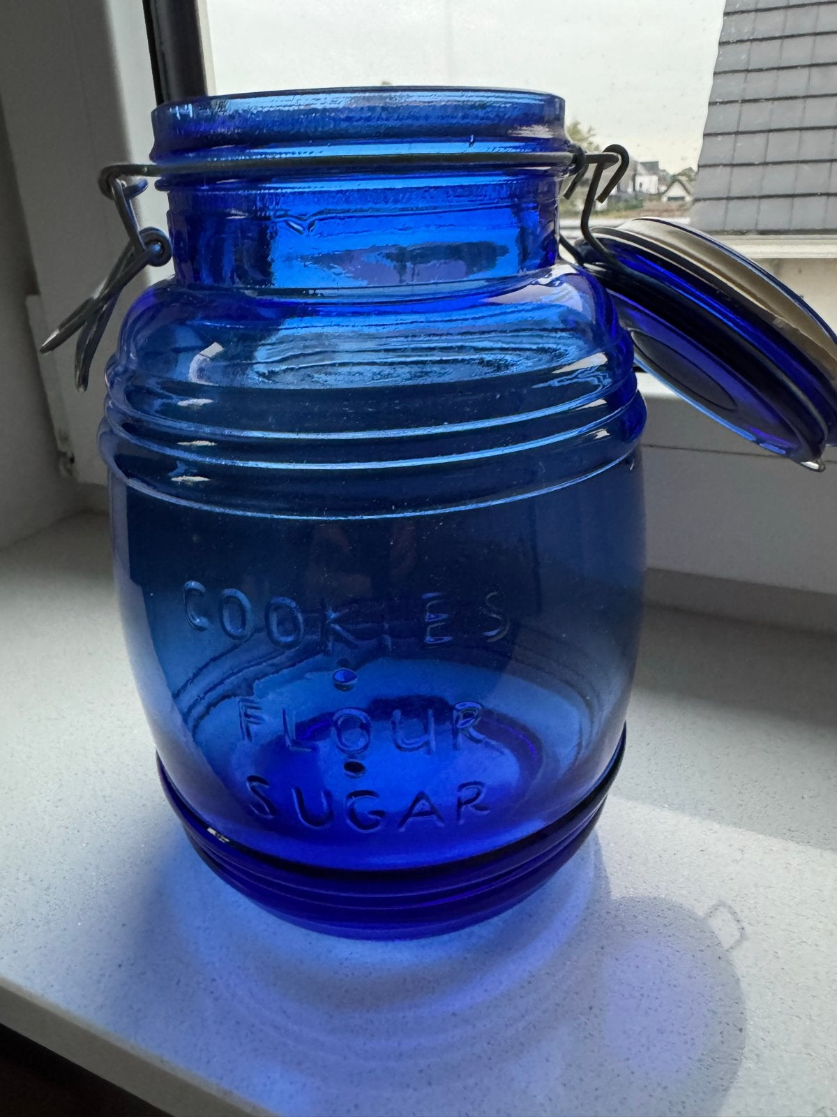 Vintage Blauwe Glazen Voorraadpot met Beugelsluiting, Ophalen of Verzenden