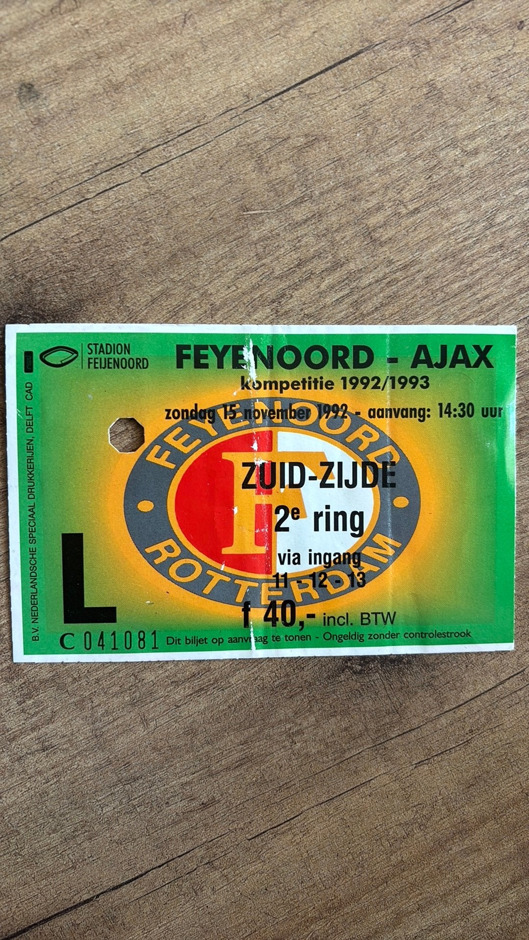 Oud stadionticket feyenoord ajax 1992, Ophalen of Verzenden, Zo goed als nieuw, Ajax