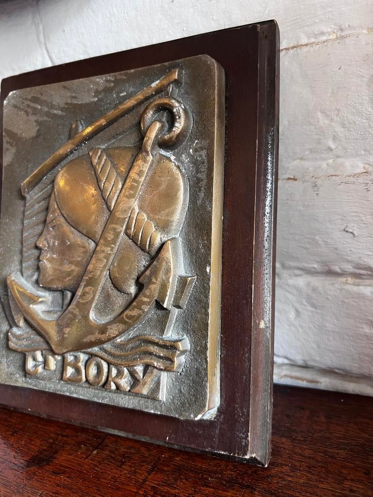 Bronzen Plaquette ' Ct. Bory' maritiem op Houten Plaat, Ophalen of Verzenden, Brons