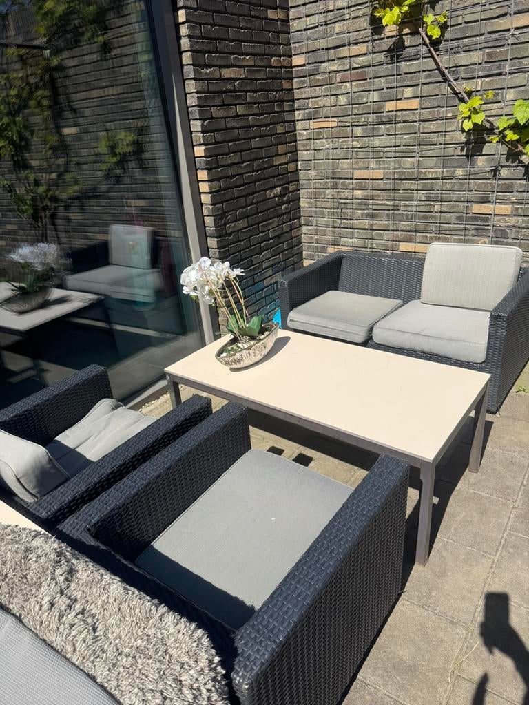 Tuinset loungeset grijs zomer met kussen, Tuin en Terras, Tuinsets en Loungesets, 4 zitplaatsen, Kunststof, Ophalen of Verzenden