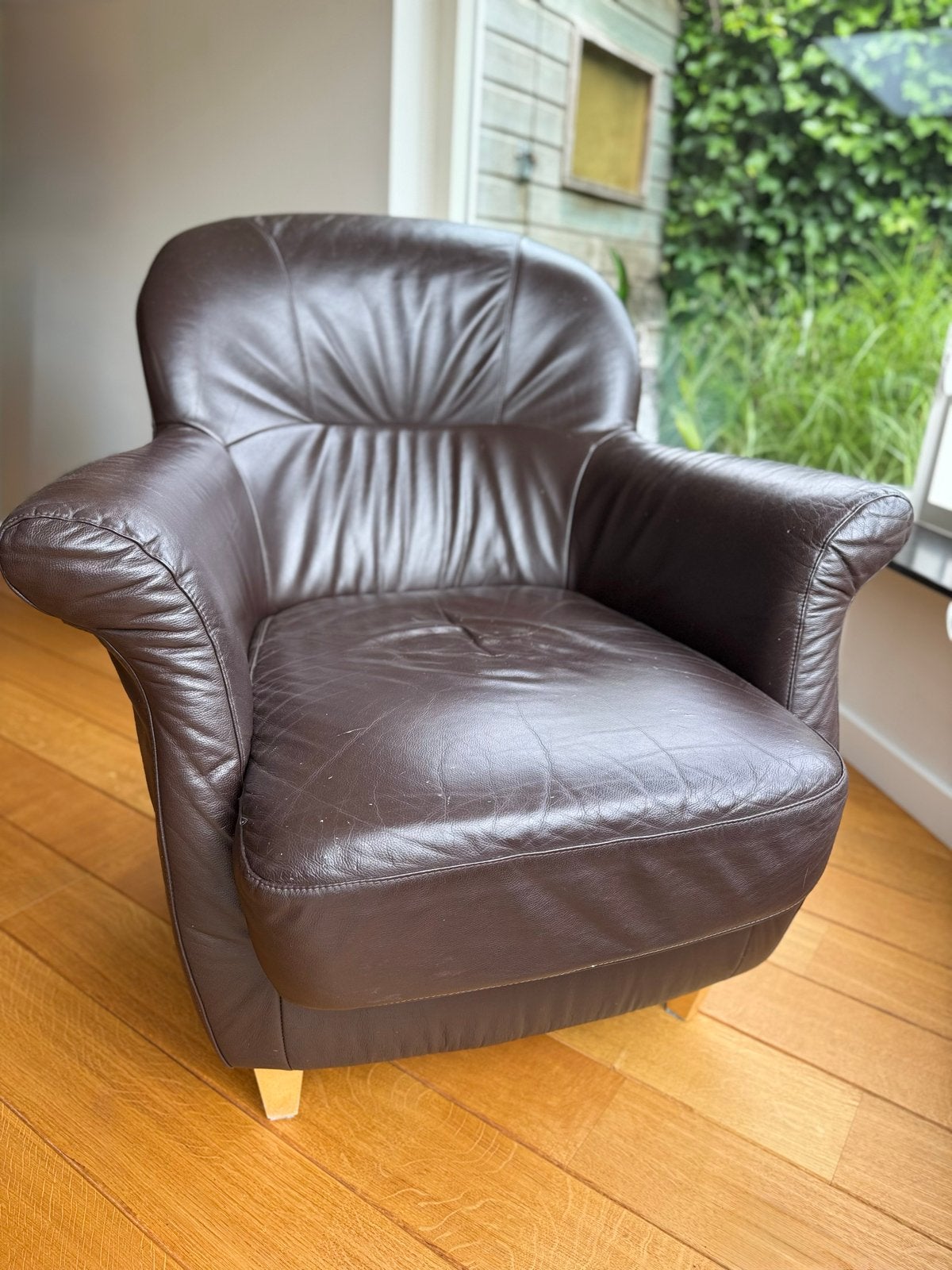 Bruine leren fauteuil, Huis en Inrichting, Fauteuils, Gebruikt, Leer, 75 tot 100 cm, Ophalen